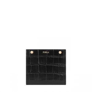 FURLA Lady M Black Croc-Embossed Compact Wallet